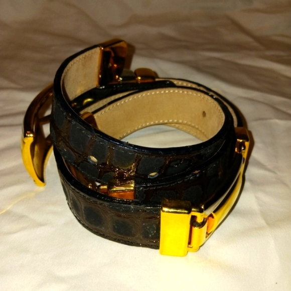 B.B. Simon Leather Croc Embossed  Vtg. BELT - Two Tone Ornate Buckle Spain 32 - Picture 2 of 6